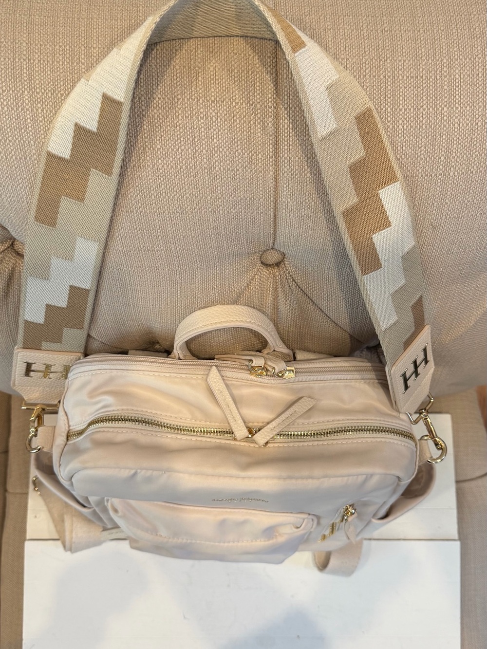 Haute Hippie Cream Nylon Convertible Backpack Tote with Patterned Strap - Picture 4 of 12